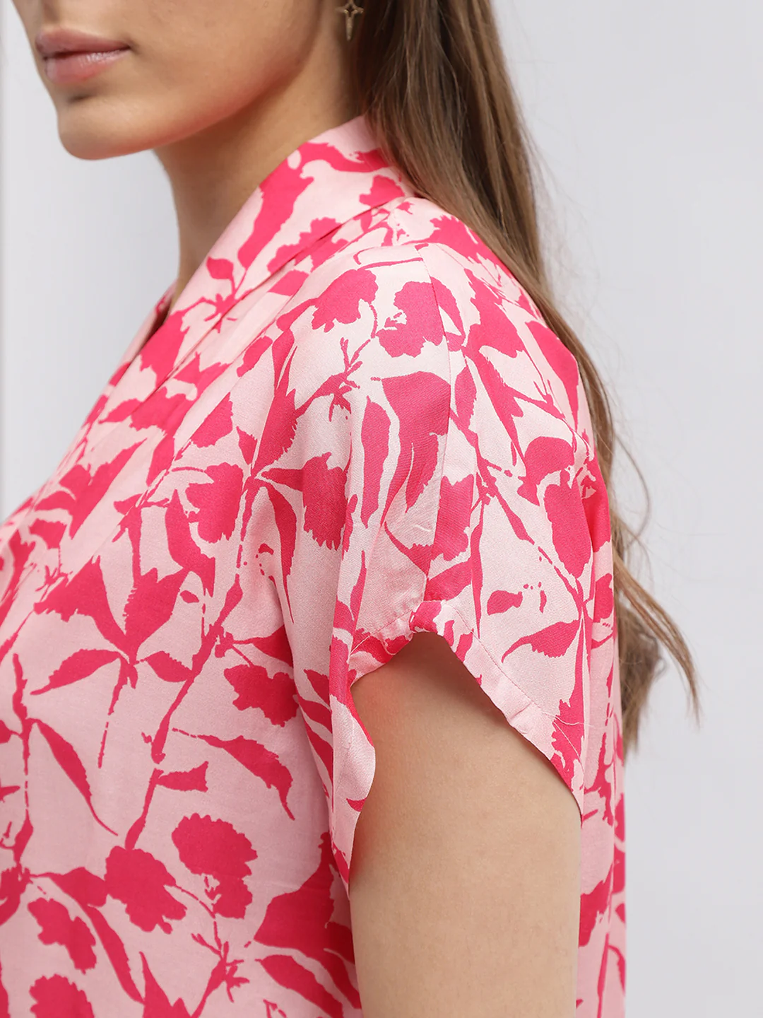 Iconic Women Pink Printed Shawl Neck Short Sleeves Shirt - Image 6