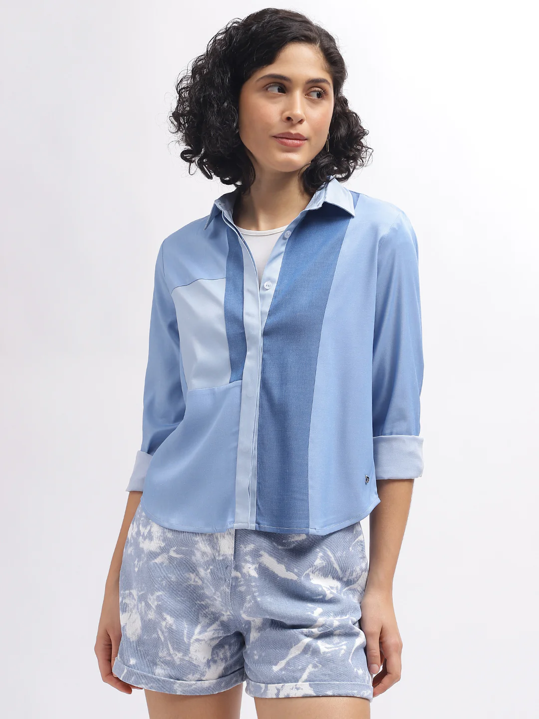 Iconic Women Blue Colour Blocked Spread Collar Full Sleeves Shirt - Image 2