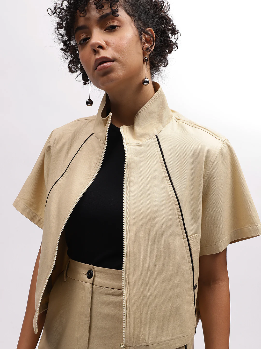 Iconic Women Beige Solid High Neck Short Sleeves Top - Image 2