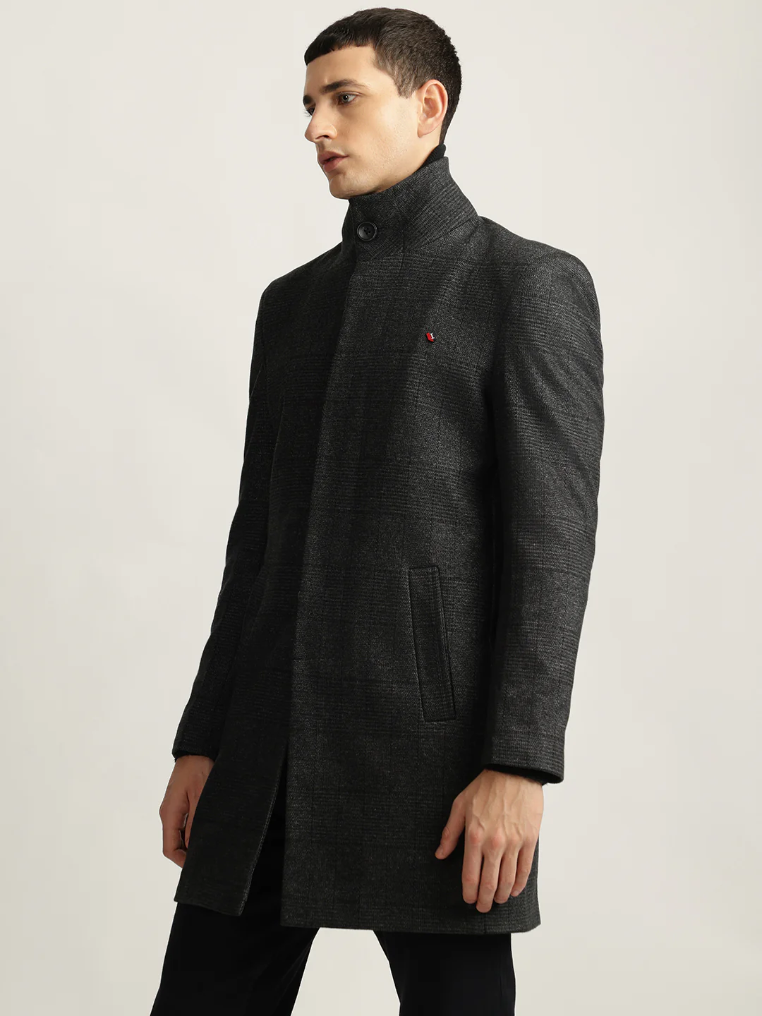 Iconic Men Black Checked Stand Collar Full Sleeves Coat - Image 2
