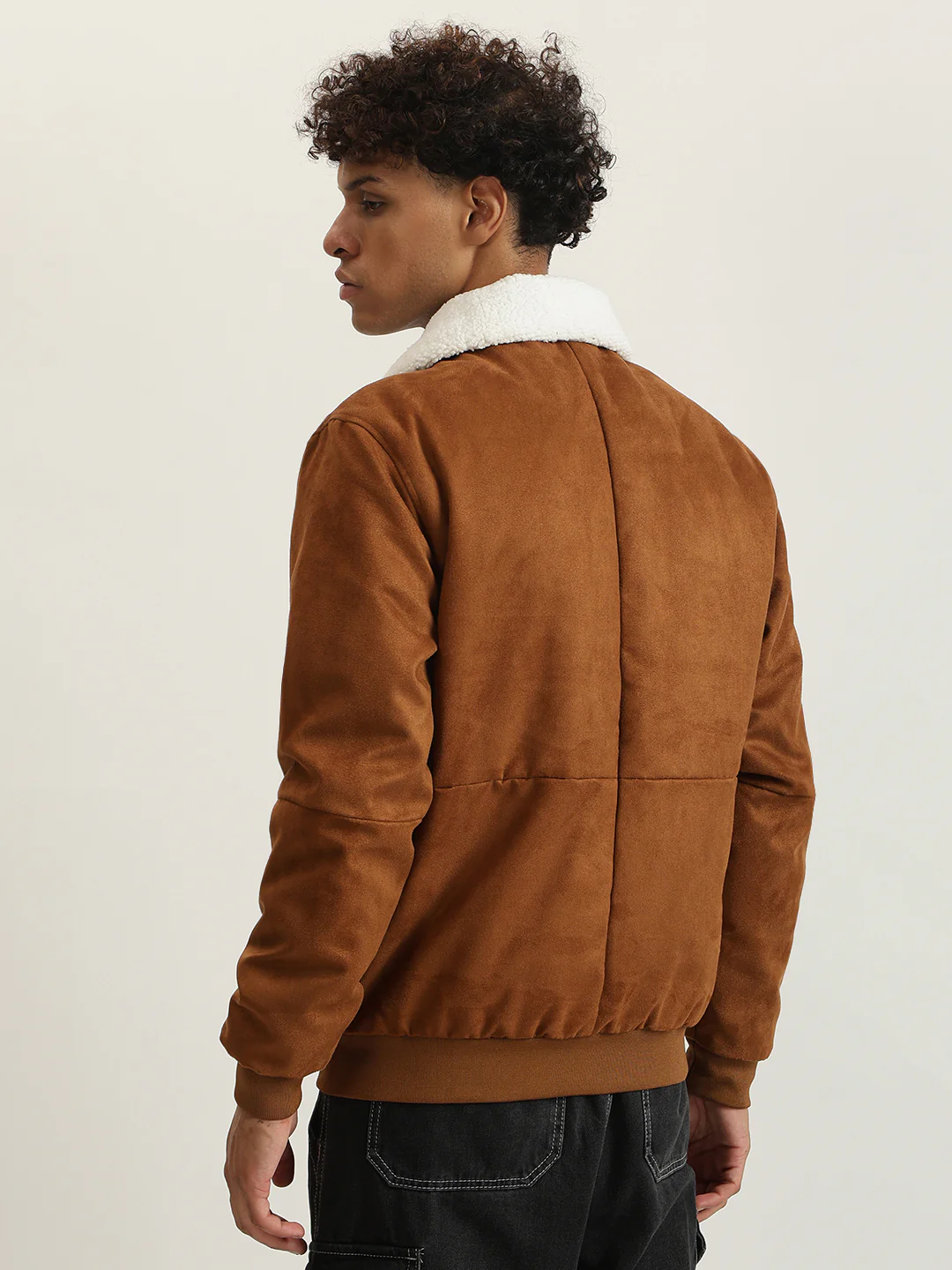 Iconic Men Brown Solid Spread Collar Full Sleeves Shearling Jacket - Image 2