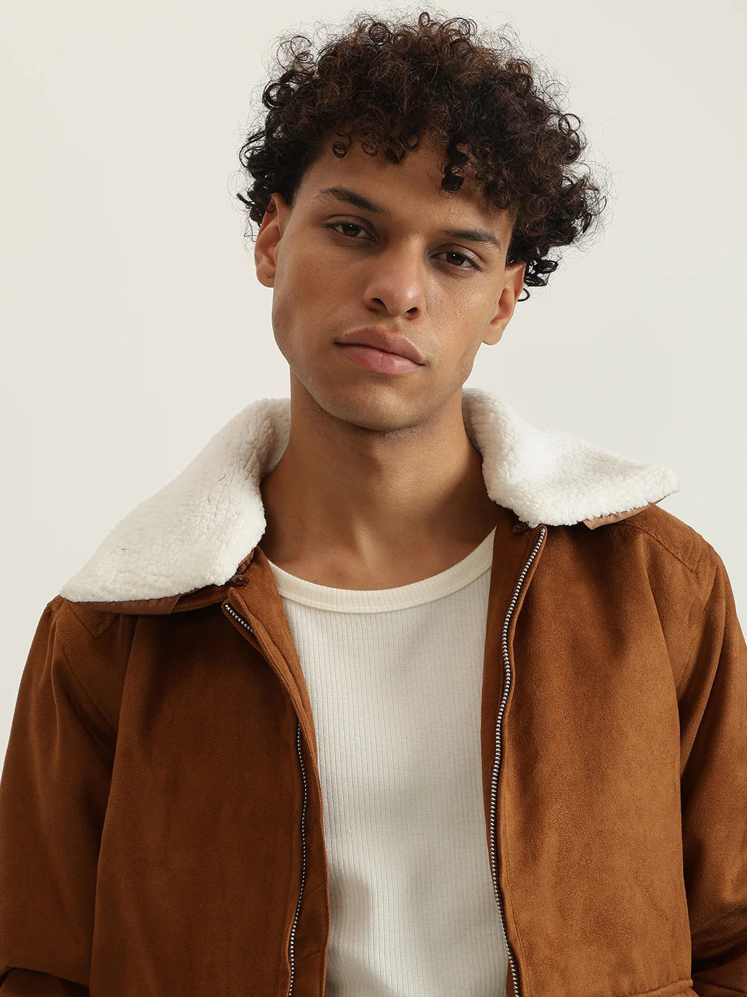 Iconic Men Brown Solid Spread Collar Full Sleeves Shearling Jacket - Image 3