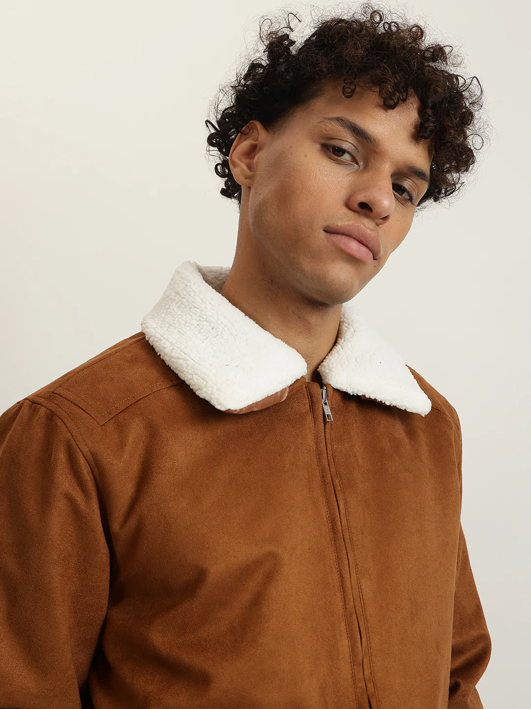 Iconic Men Brown Solid Spread Collar Full Sleeves Shearling Jacket - Image 4