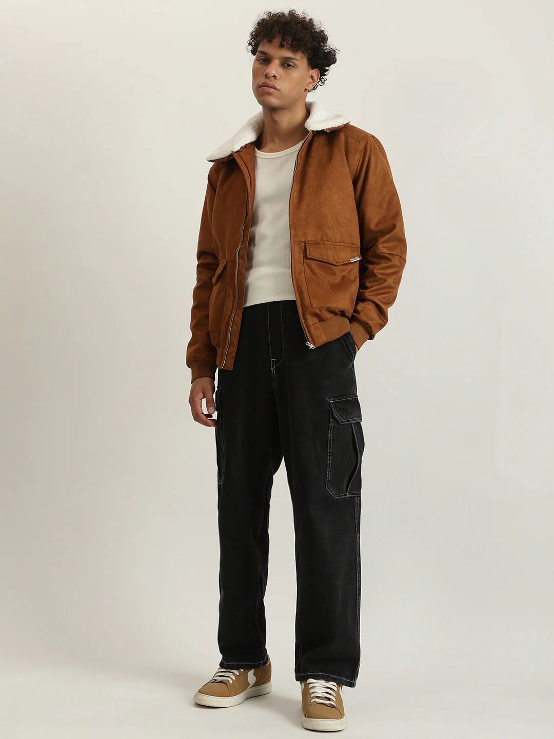 Iconic Men Brown Solid Spread Collar Full Sleeves Shearling Jacket - Image 6