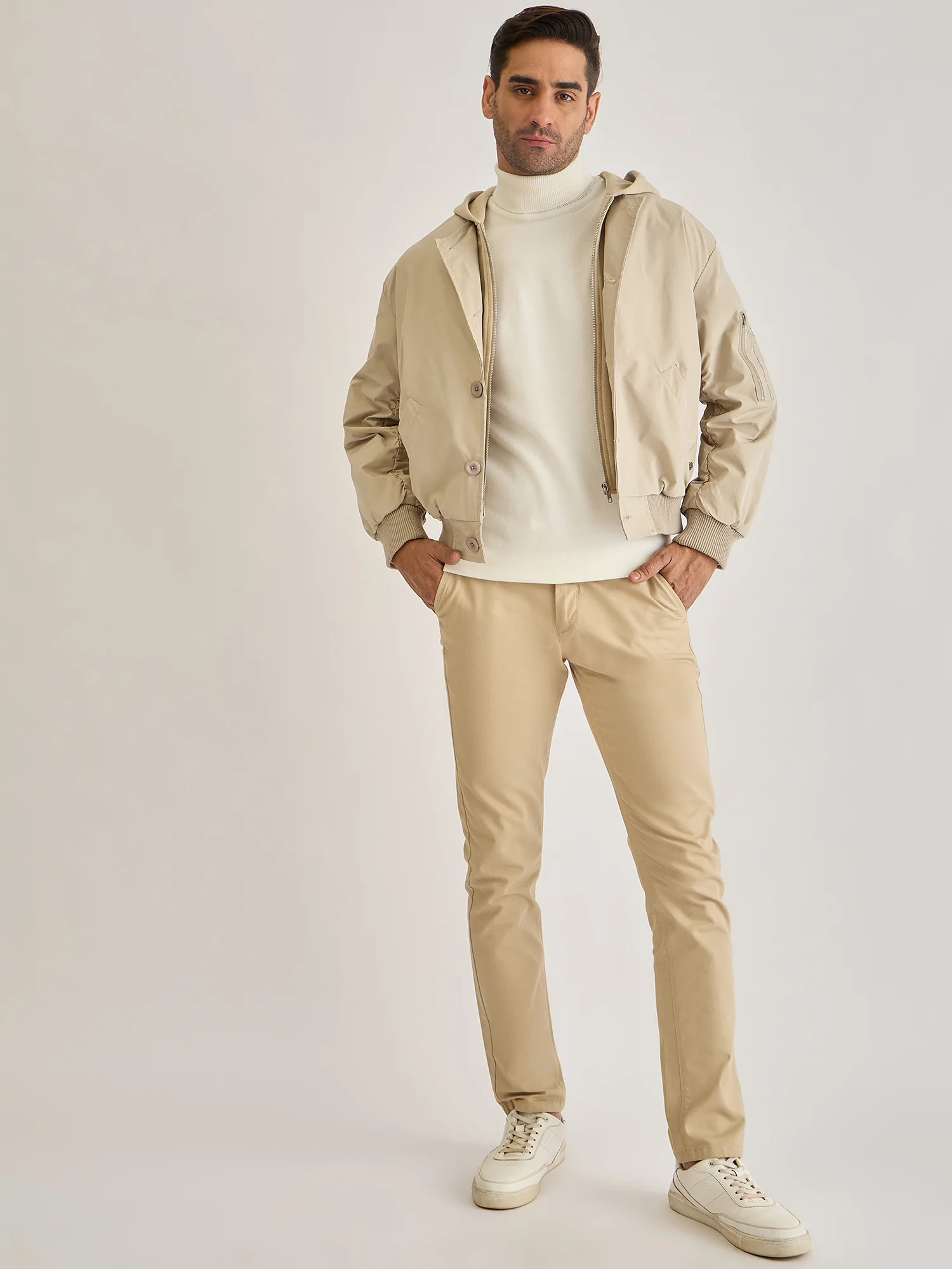 Iconic Men Beige Solid Hooded Full Sleeves Bomber Jacket - Image 6