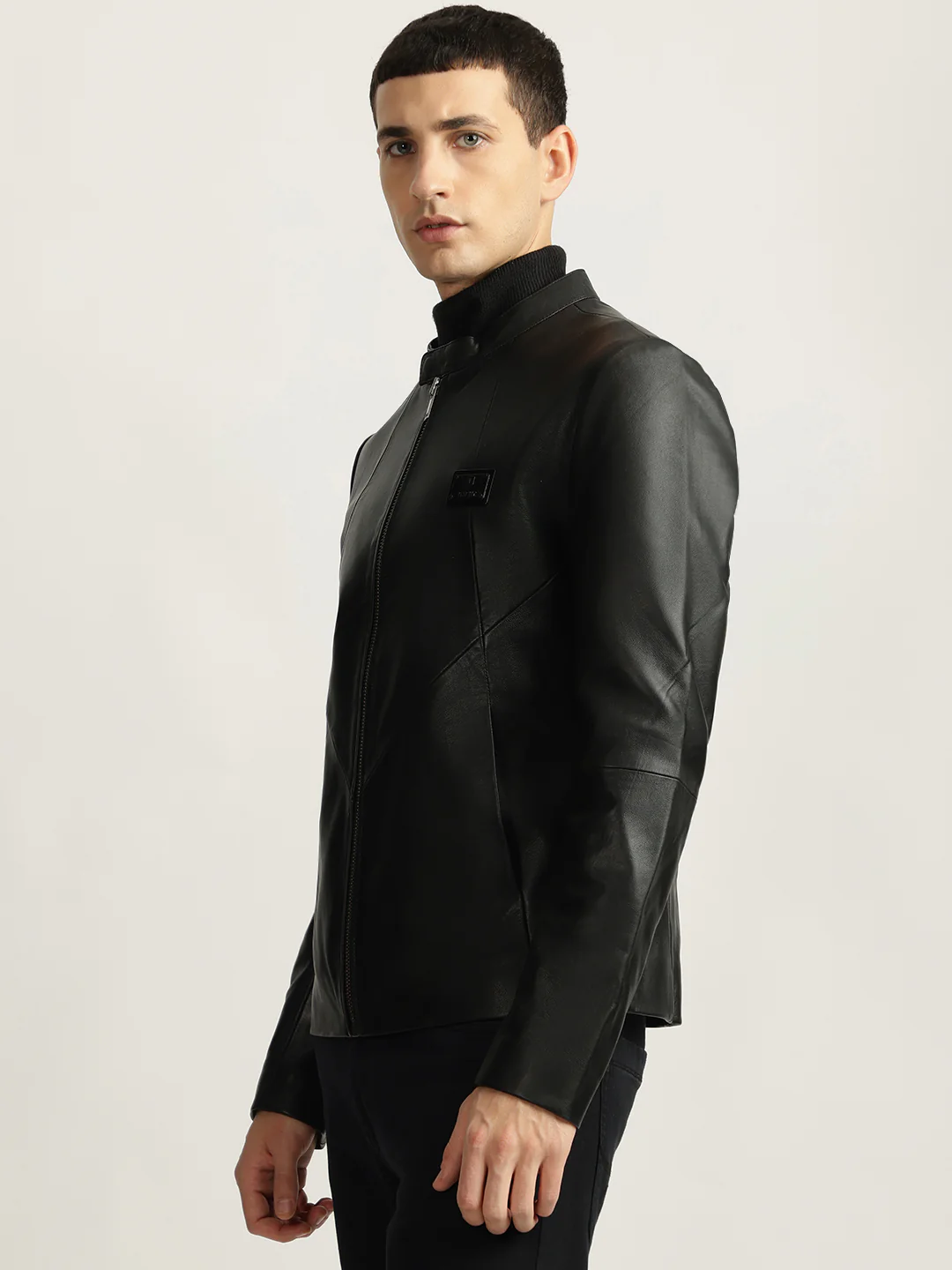 Iconic Men Black Solid Stand Collar Full Sleeves Biker Jacket - Image 2