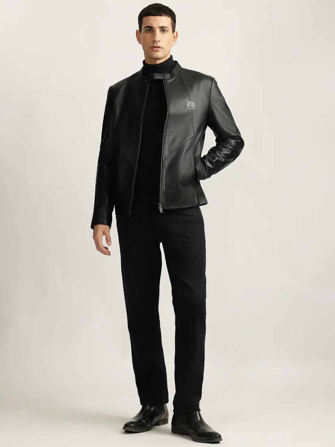 Iconic Men Black Solid Stand Collar Full Sleeves Biker Jacket - Image 4