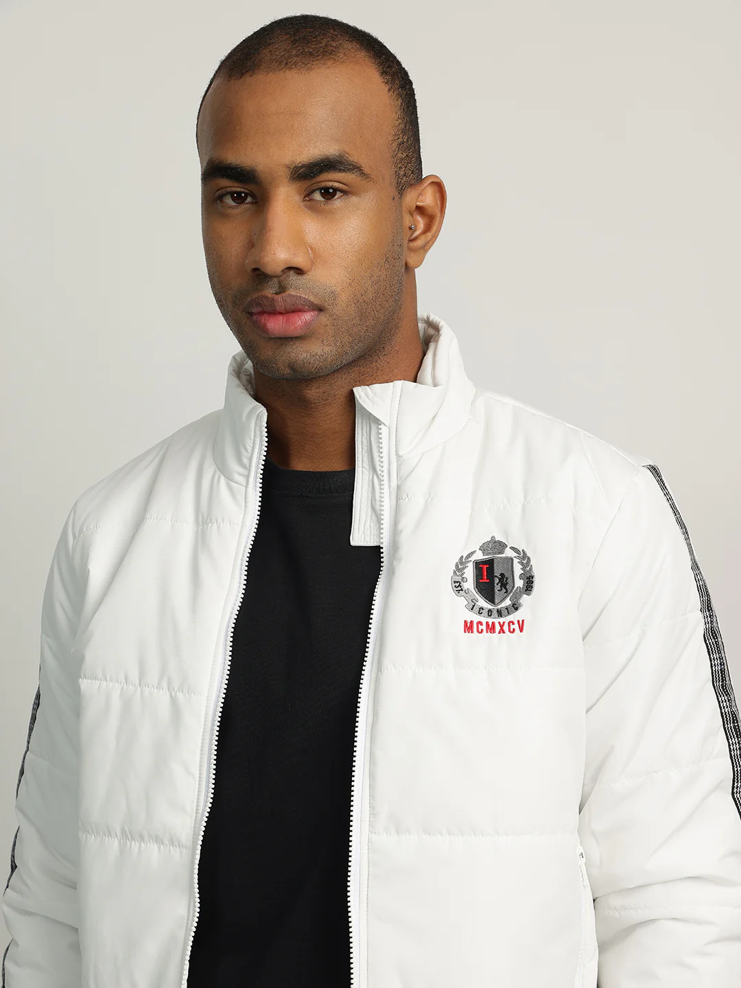 Iconic Men White Solid Stand Collar Full Sleeves Puffer Jacket - Image 5