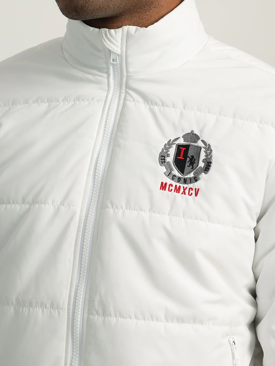 Iconic Men White Solid Stand Collar Full Sleeves Puffer Jacket - Image 6