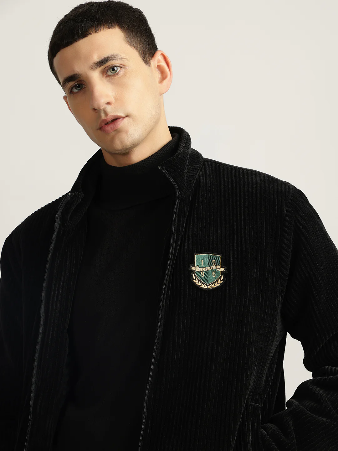 Iconic Men Black Solid Stand Collar Full Sleeves Jacket - Image 5