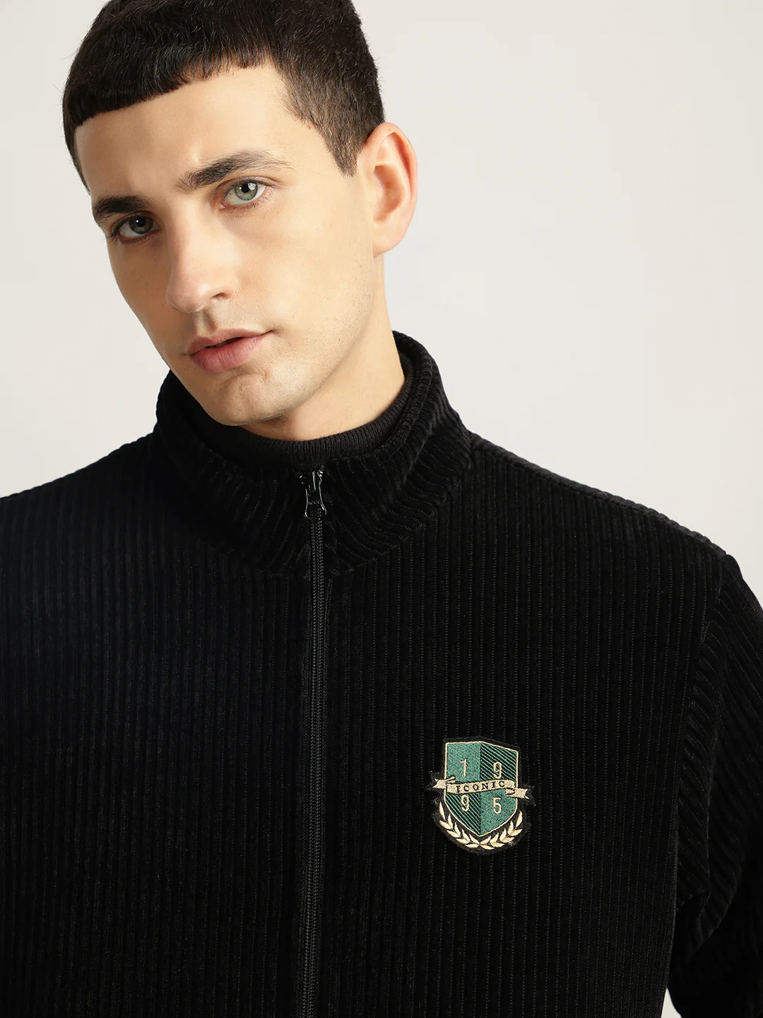 Iconic Men Black Solid Stand Collar Full Sleeves Jacket - Image 6