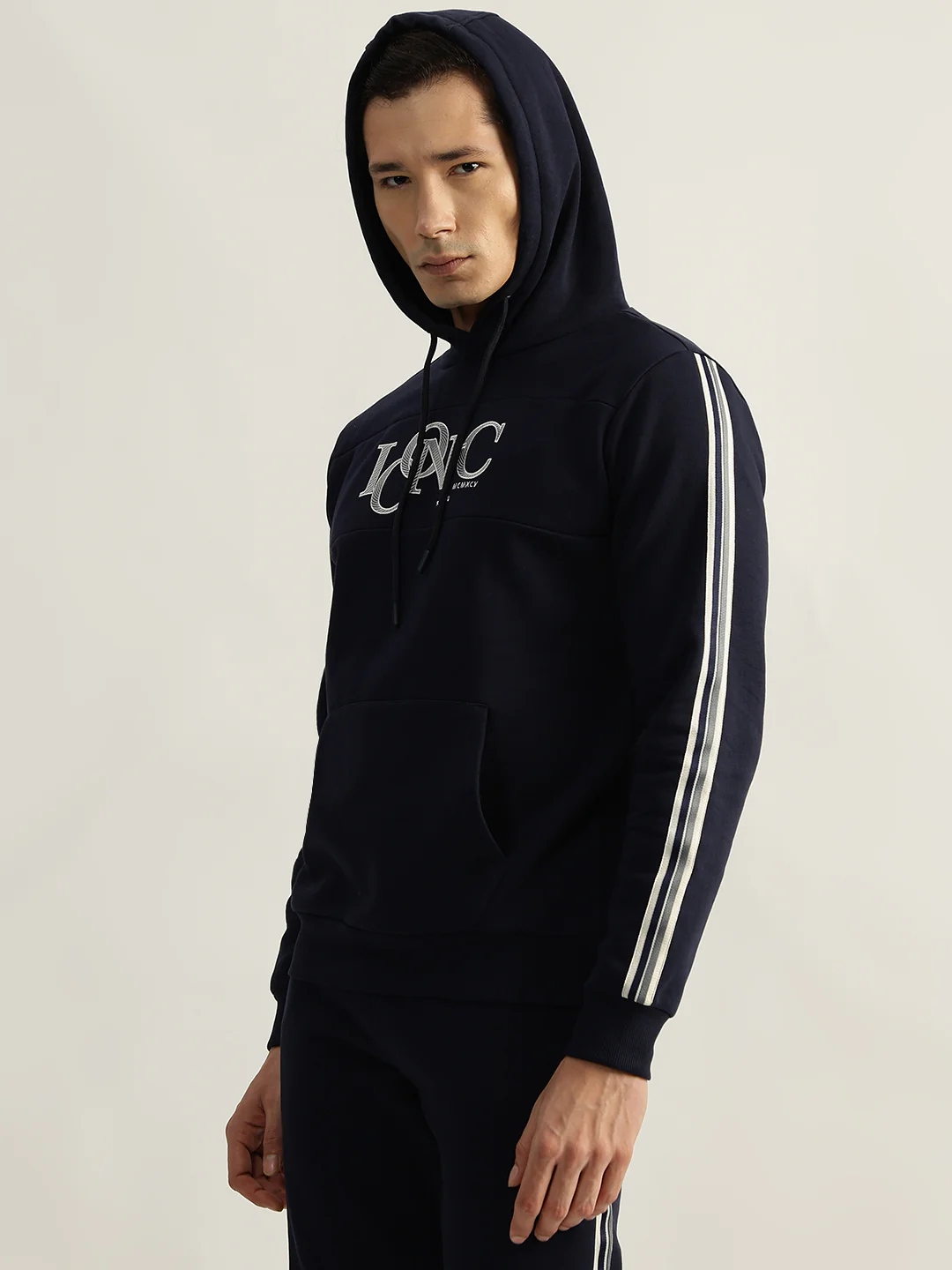 Iconic Men Navy Embroidered Hooded Full Sleeves Sweatshirt - Image 5