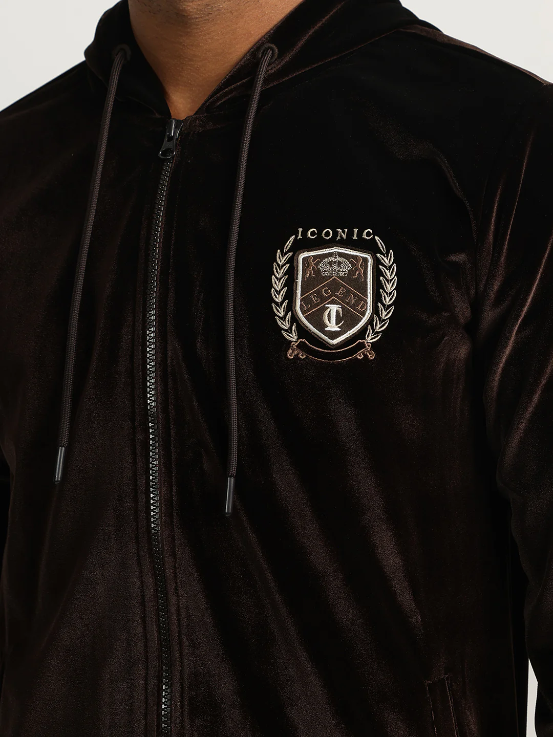 Iconic Men Brown Solid Hooded Full Sleeves Zip Through Sweatshirt - Image 6