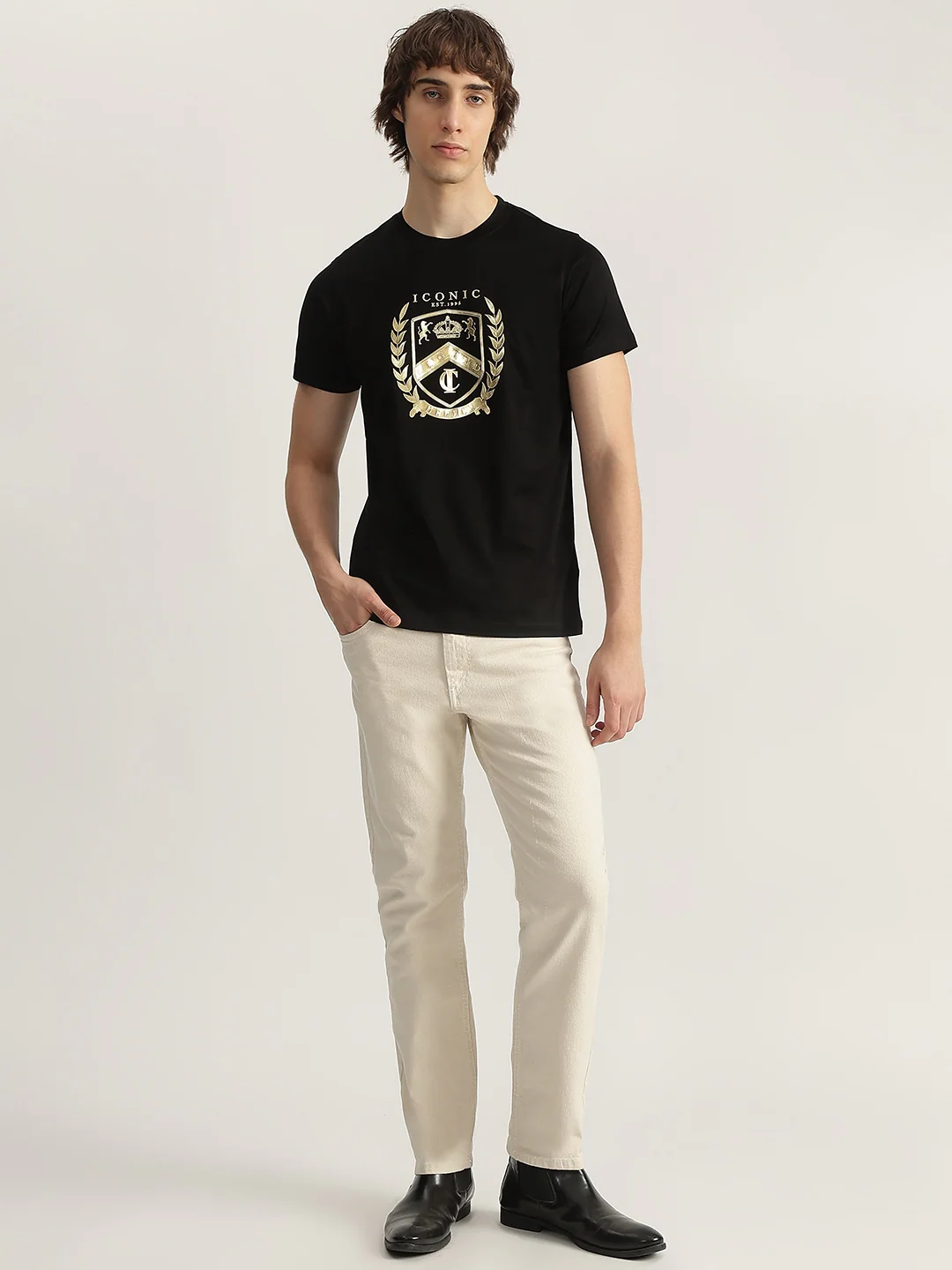 Iconic Men Black Printed Round Neck Short Sleeves Tshirt - Image 4