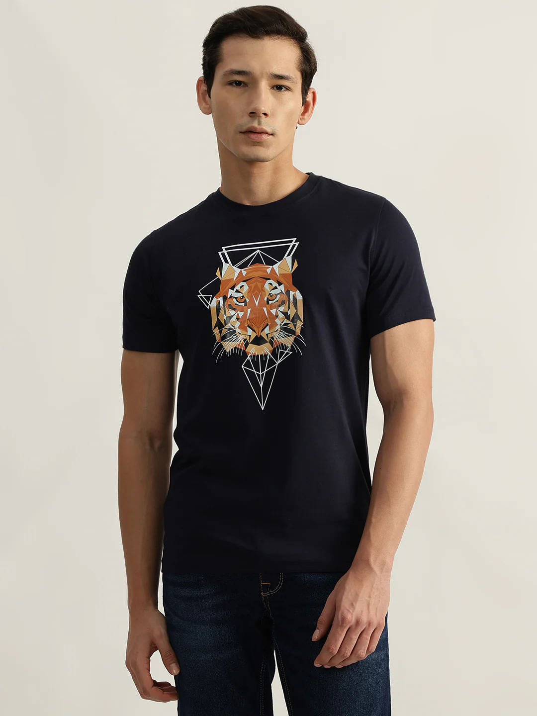 Iconic Men Navy Printed Round Neck Short Sleeves Tshirt