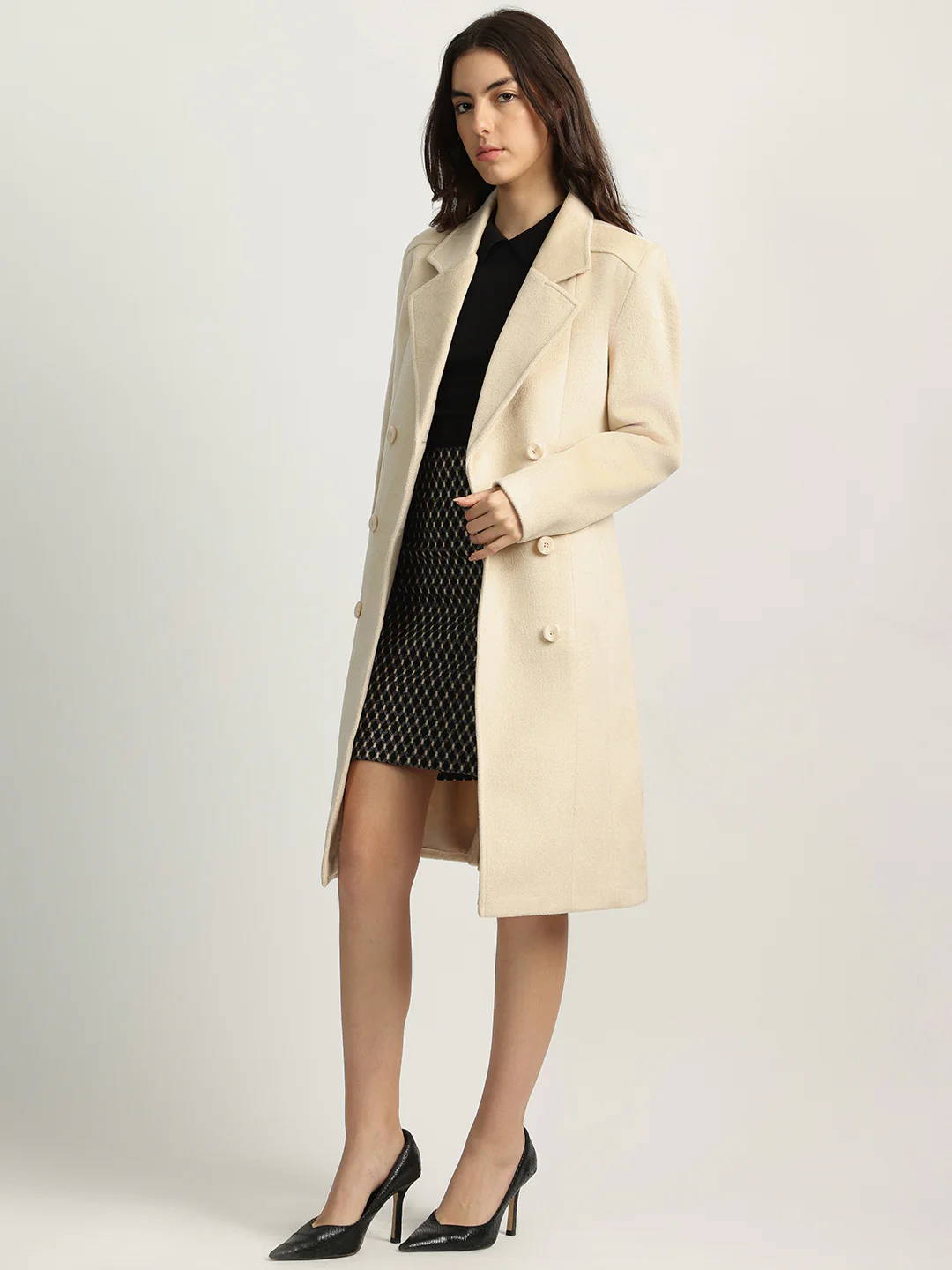 Iconic Women Beige Solid Notched Collar Full Sleeves Double Breasted Overcoat - Image 4