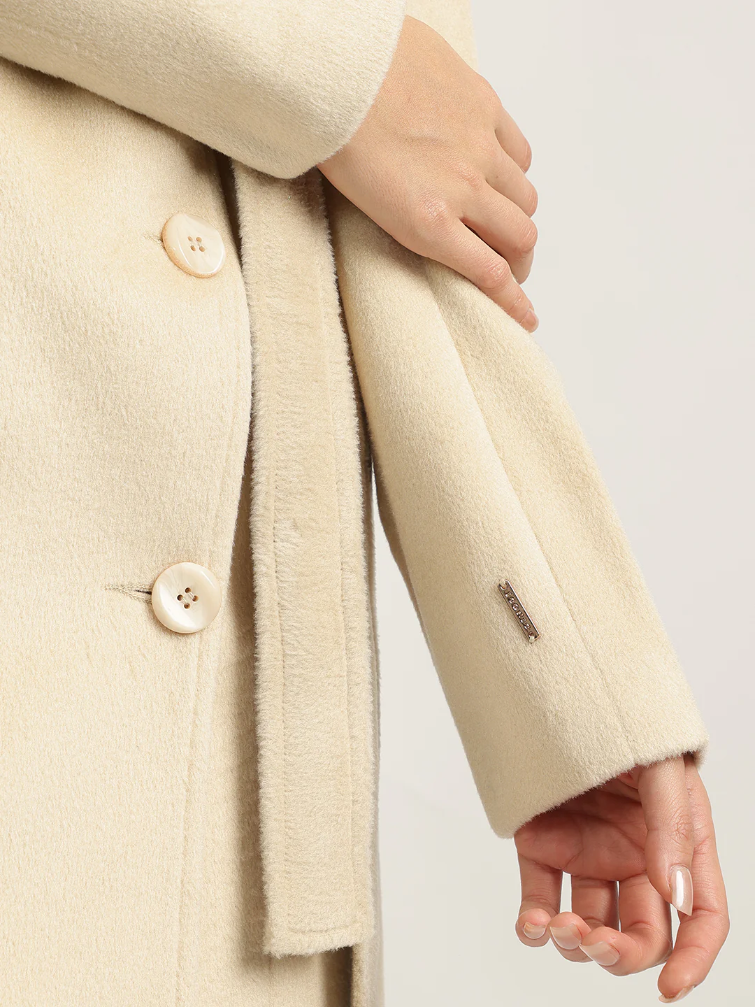 Iconic Women Beige Solid Notched Collar Full Sleeves Double Breasted Overcoat - Image 7