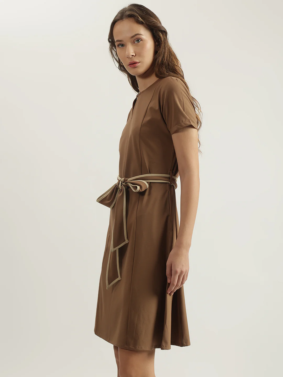 Iconic Women Brown Solid Round Neck Short Sleeves A-Line Dress - Image 3