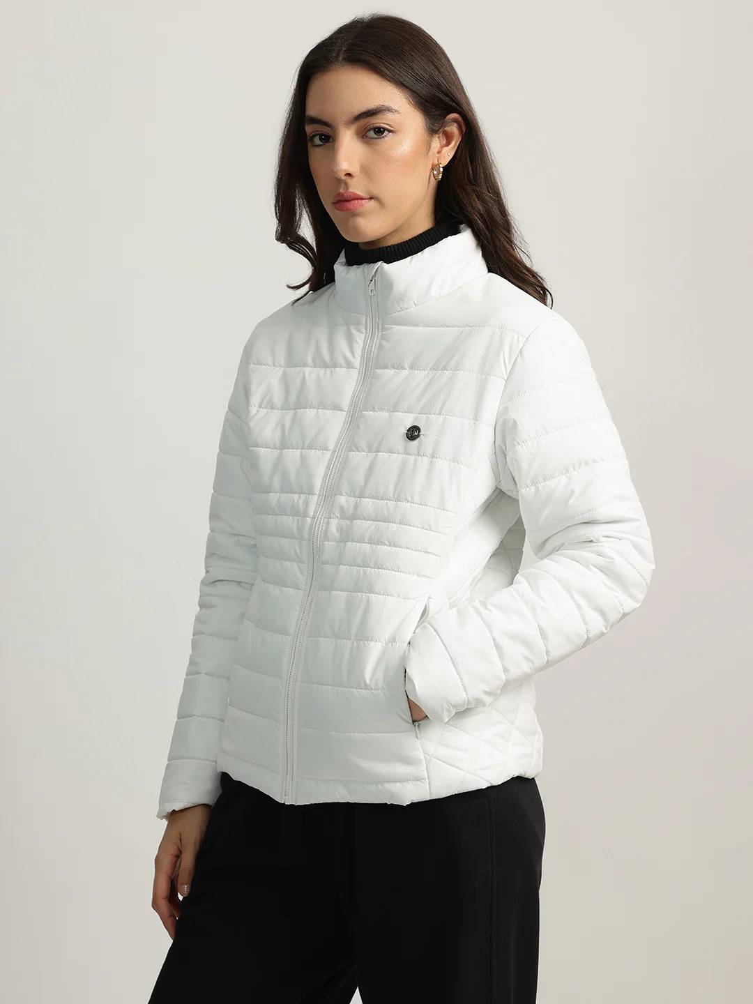 Iconic Women White Solid Stand Collar Full Sleeves Puffer Jacket - Image 2