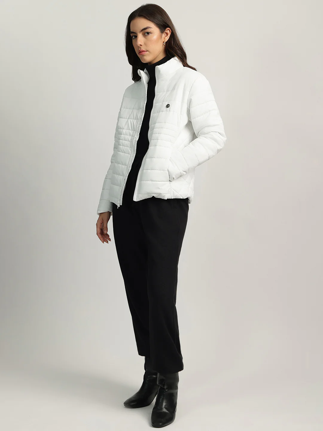 Iconic Women White Solid Stand Collar Full Sleeves Puffer Jacket - Image 4