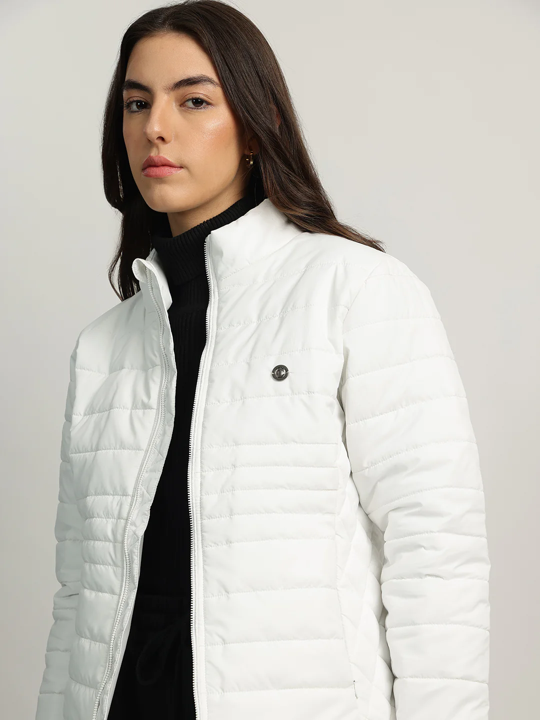 Iconic Women White Solid Stand Collar Full Sleeves Puffer Jacket - Image 5