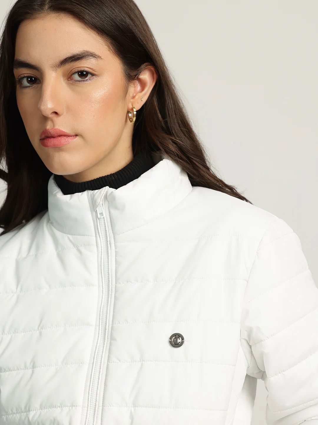Iconic Women White Solid Stand Collar Full Sleeves Puffer Jacket - Image 6