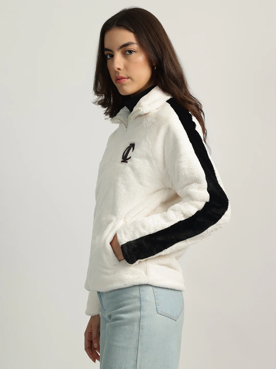 Iconic Women Cream Self Design Stand Collar Full Sleeves Jacket - Image 2