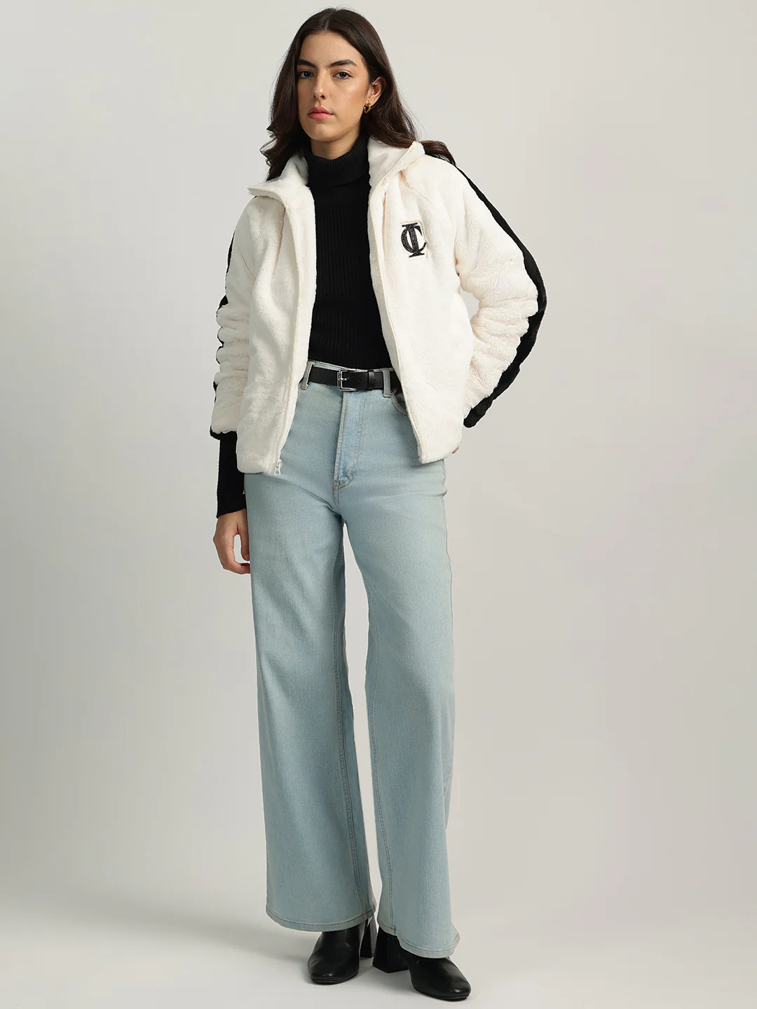 Iconic Women Cream Self Design Stand Collar Full Sleeves Jacket - Image 4