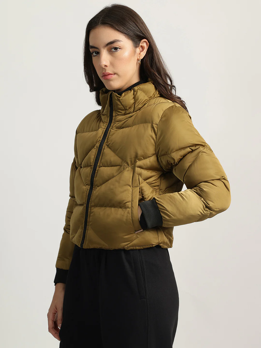 Iconic Women Gold Solid Stand Collar Full Sleeves Puffer Jacket - Image 2