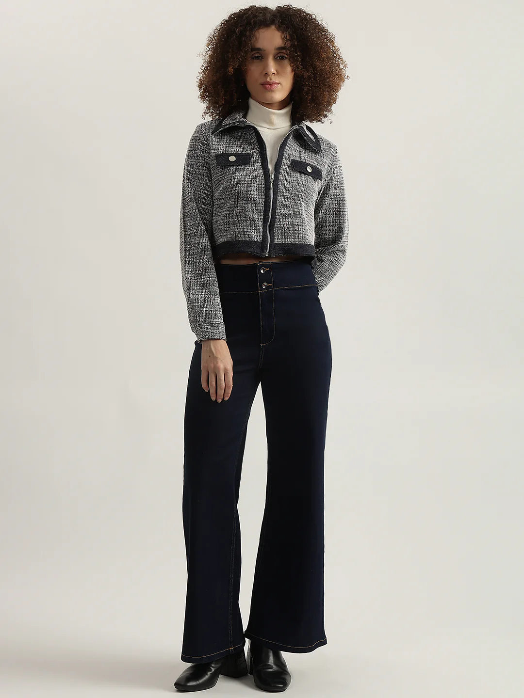 Iconic Women Blue Self Design Spread Collar Full Sleeves Cropped Jacket - Image 4
