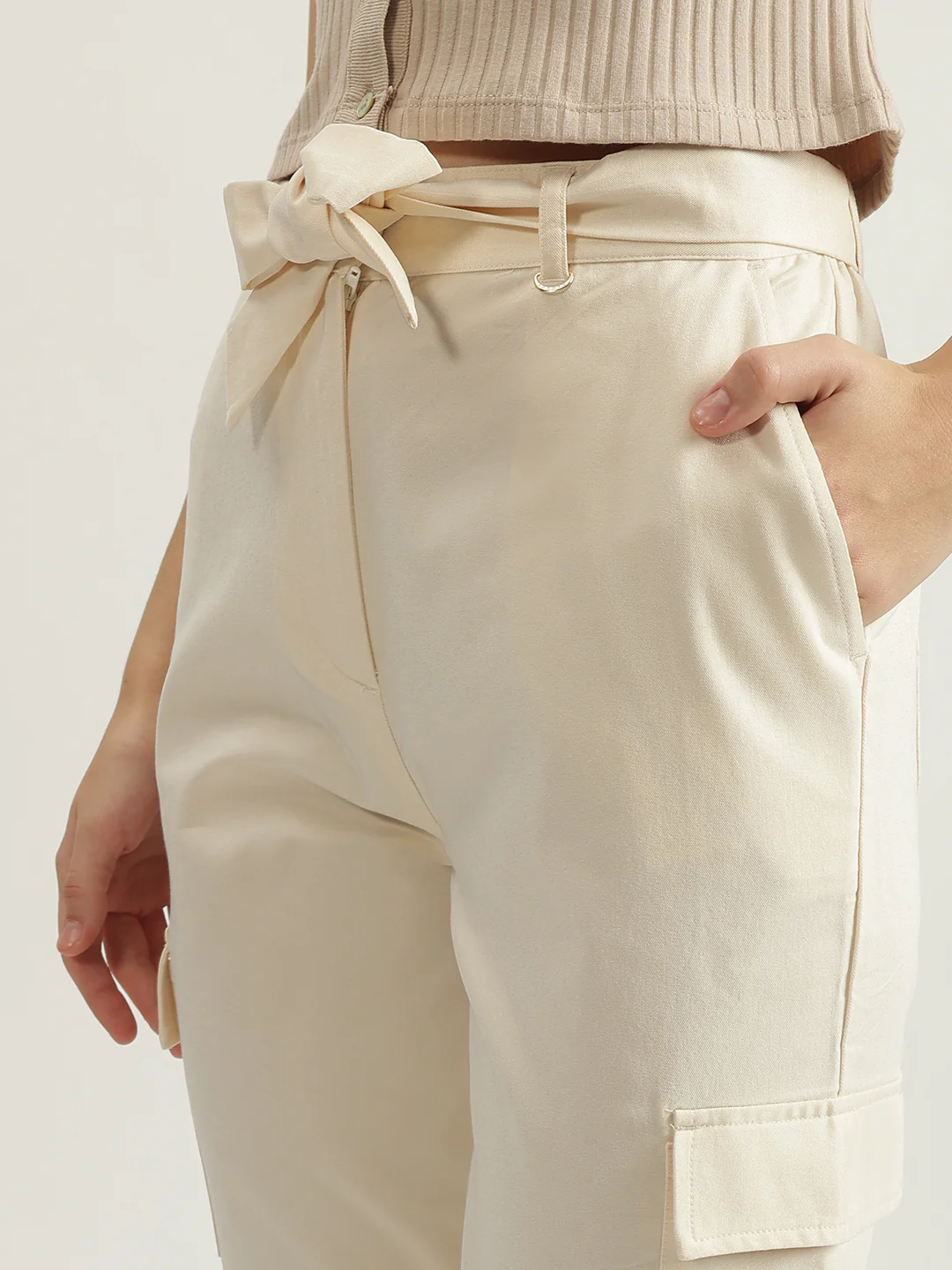 Iconic Women Beige Solid Regular Fit High-Rise Cargo Style Trouser - Image 5