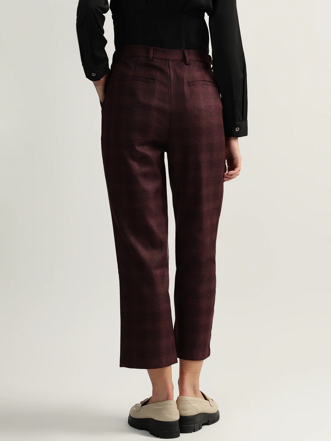 Iconic Women Wine Checked Mid-Rise Straight Fit Flat-front Trouser - Image 5