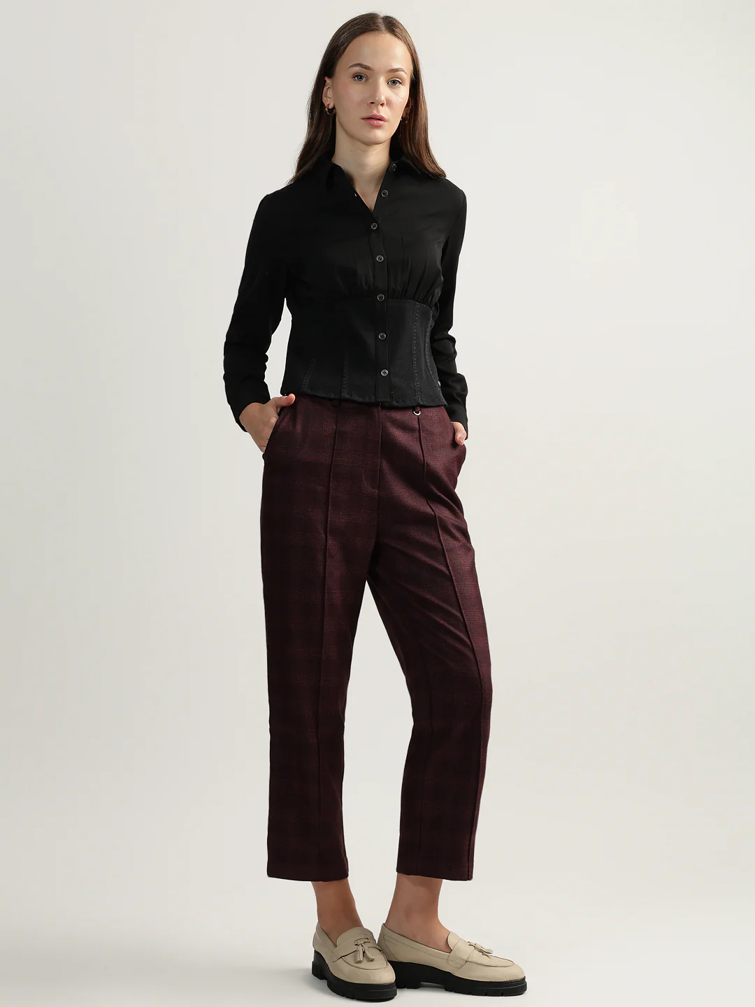 Iconic Women Wine Checked Mid-Rise Straight Fit Flat-front Trouser - Image 6