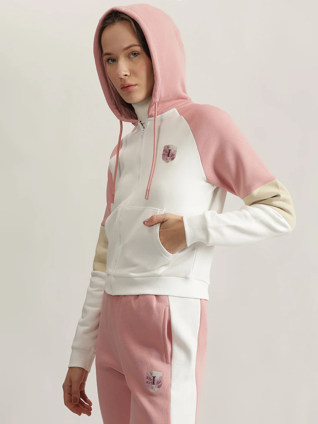 Iconic Women Pink Color-Blocked Hooded Full Sleeves Sweatshirt - Image 2