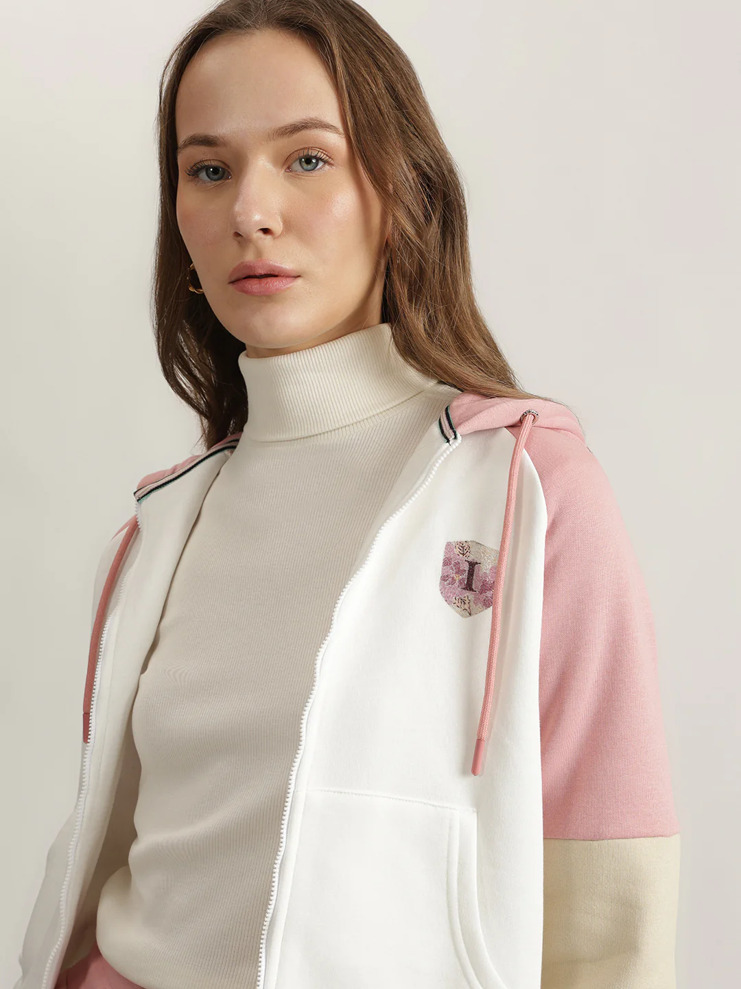 Iconic Women Pink Color-Blocked Hooded Full Sleeves Sweatshirt - Image 5