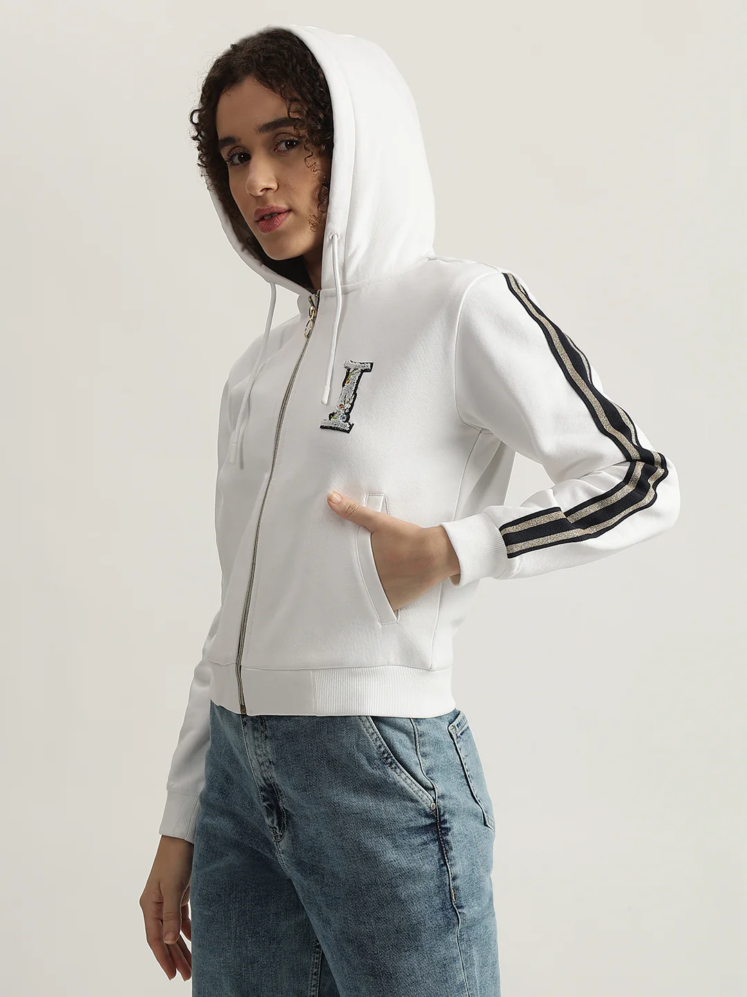 Iconic Women White Solid Hooded Full Sleeves Zip Through Sweatshirt - Image 2
