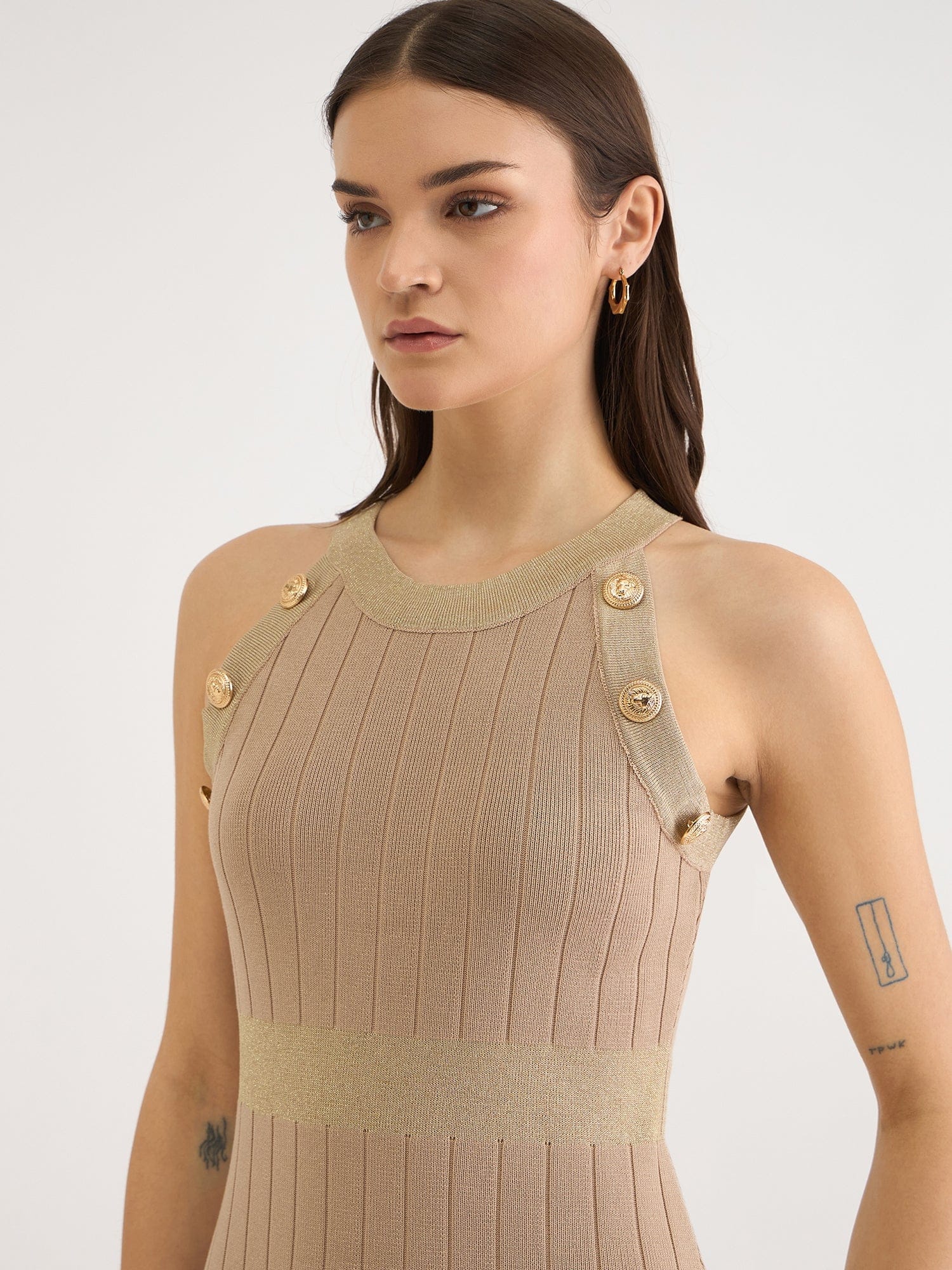 Iconic Women Beige Solid V Neck Dress Set - Image 5