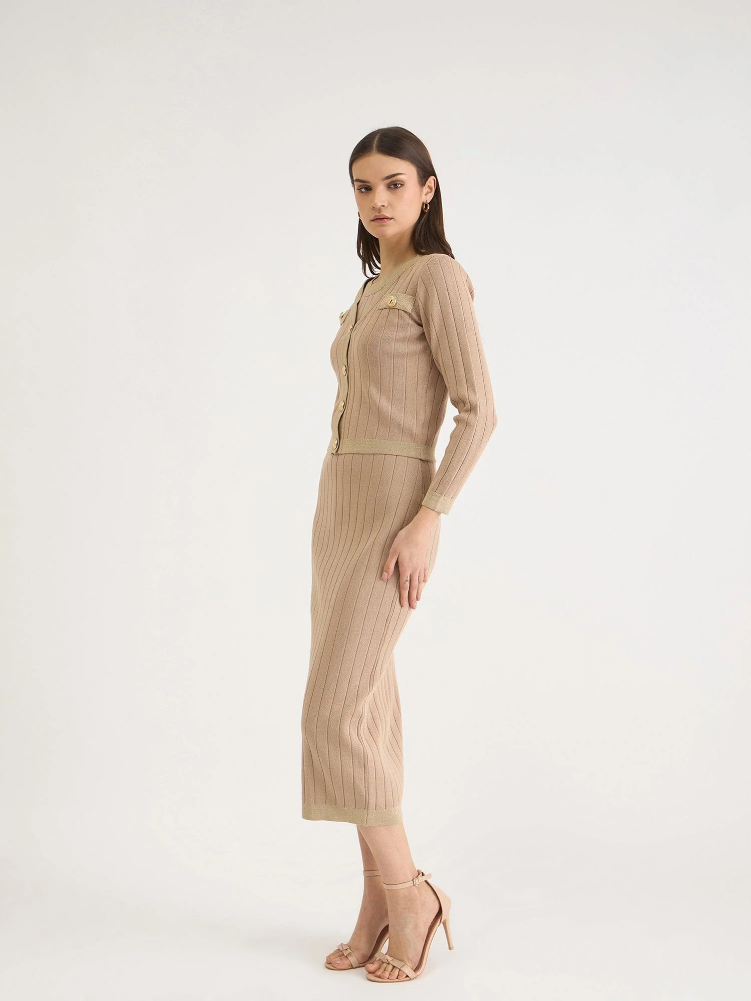 Iconic Women Beige Solid V Neck Dress Set - Image 7