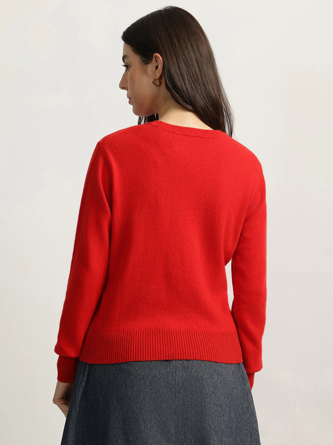 Iconic Women Red Solid Round Neck Full Sleeves Sweater - Image 3