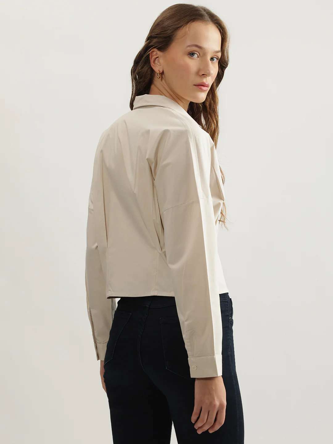 Iconic Women Beige Solid Spread Collar Full Sleeves Shirt - Image 3