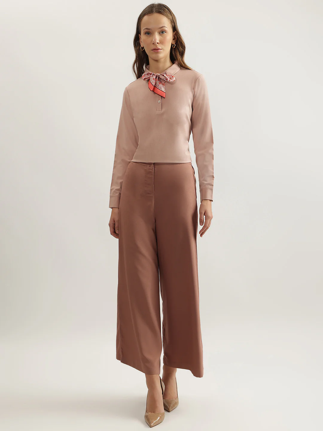 Iconic Women Peach Solid Spread Collar Full Sleeves Top - Image 4