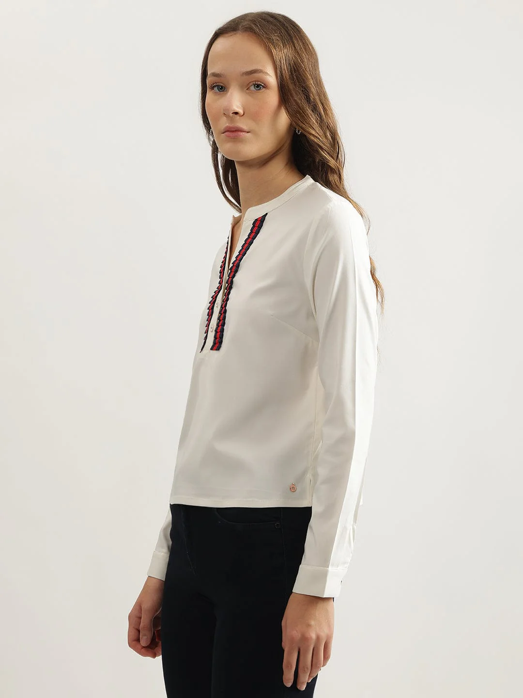 Iconic Women White Solid Band Collar Top - Image 2