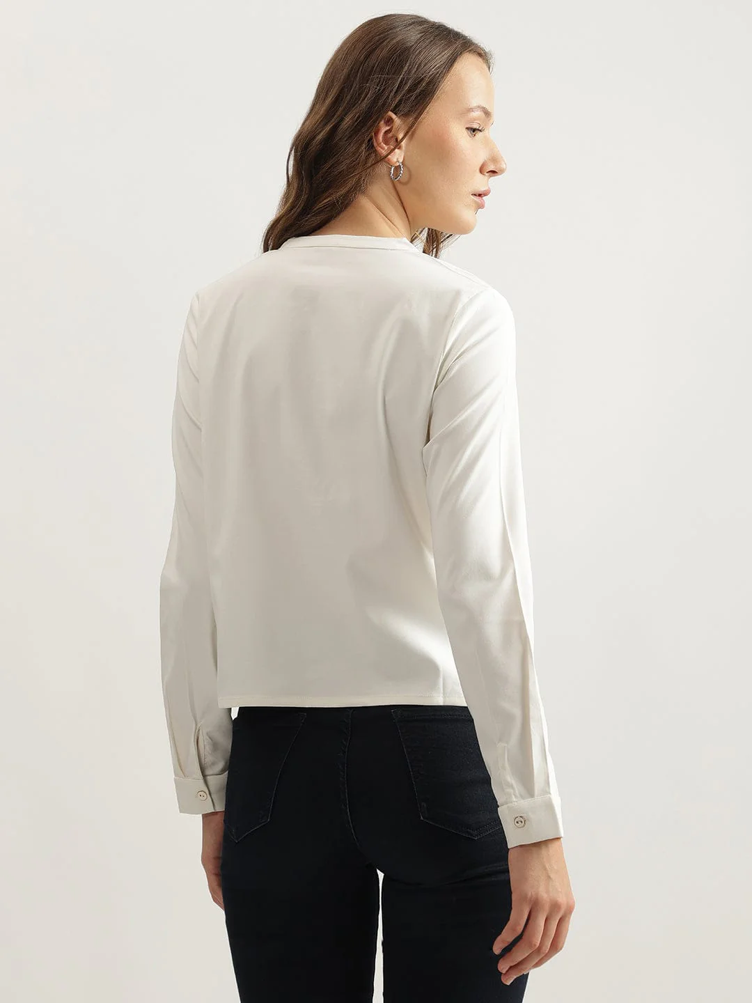 Iconic Women White Solid Band Collar Top - Image 3