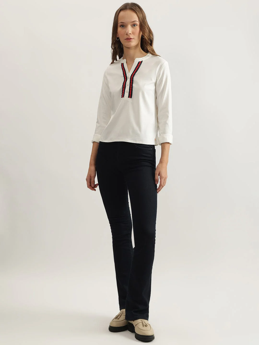 Iconic Women White Solid Band Collar Top - Image 4