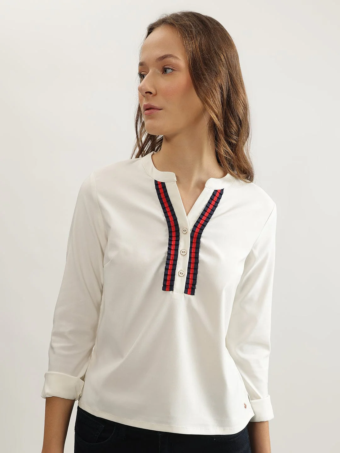 Iconic Women White Solid Band Collar Top - Image 5