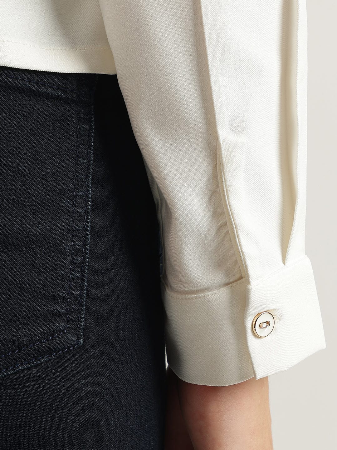 Iconic Women White Solid Band Collar Top - Image 7