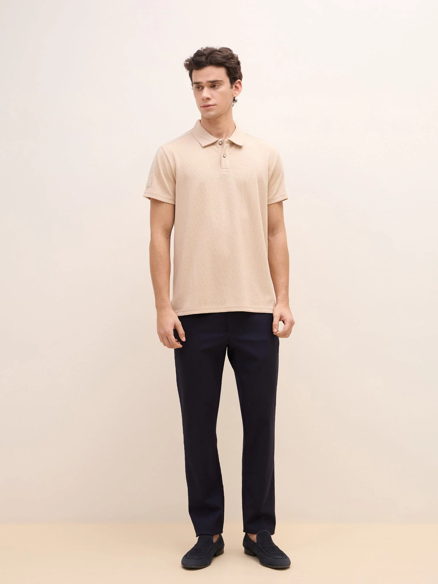 Iconic Men Beige Textured Polo Tshirt - Image 2