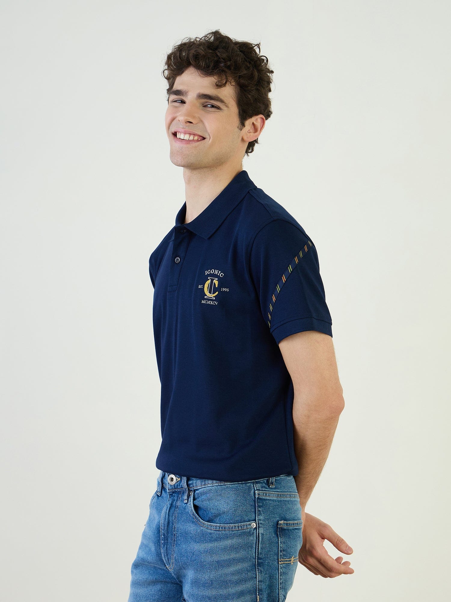 Iconic Men Blue Solid Polo Tshirt - Image 3
