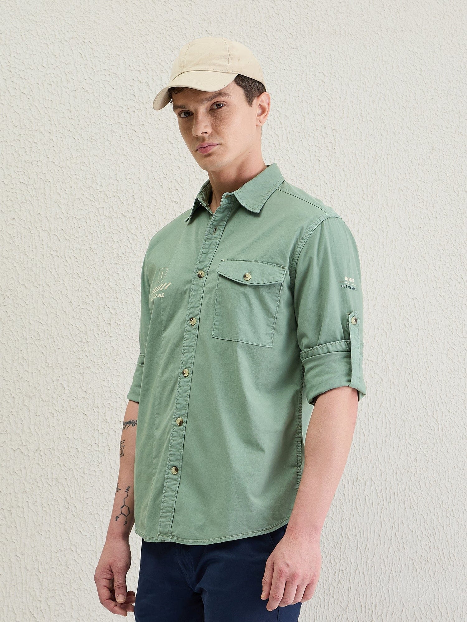Iconic Men Green Washed Collar Shirt - Image 3