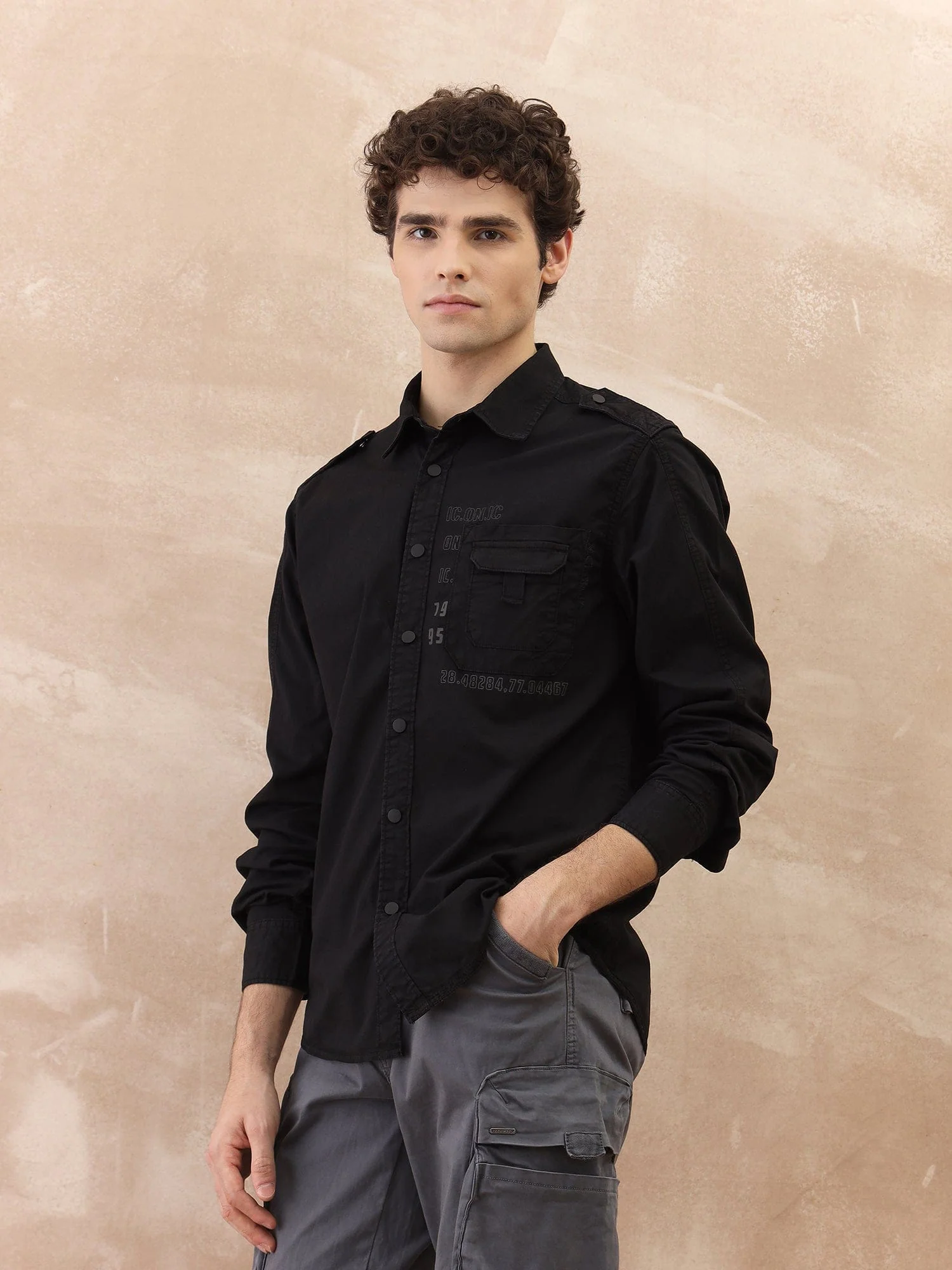 Iconic Men Black Washed Collar Shirt - Image 2